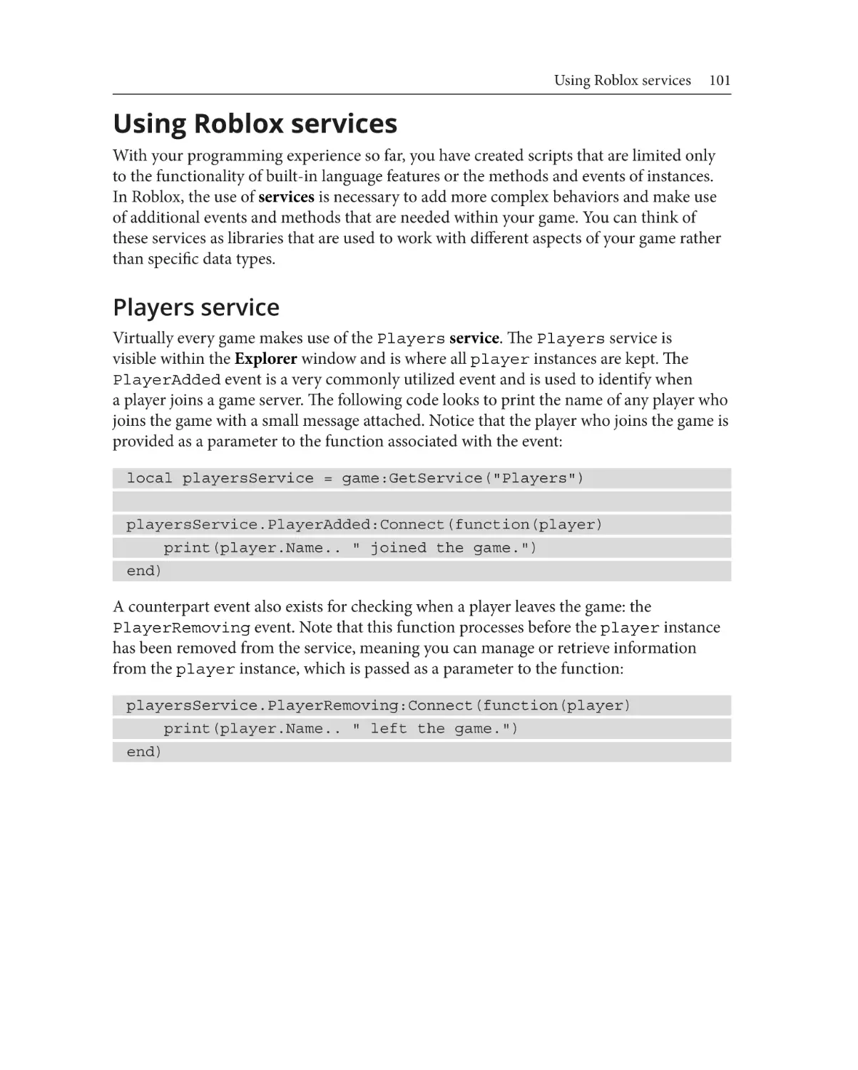 Using Roblox services
Players service