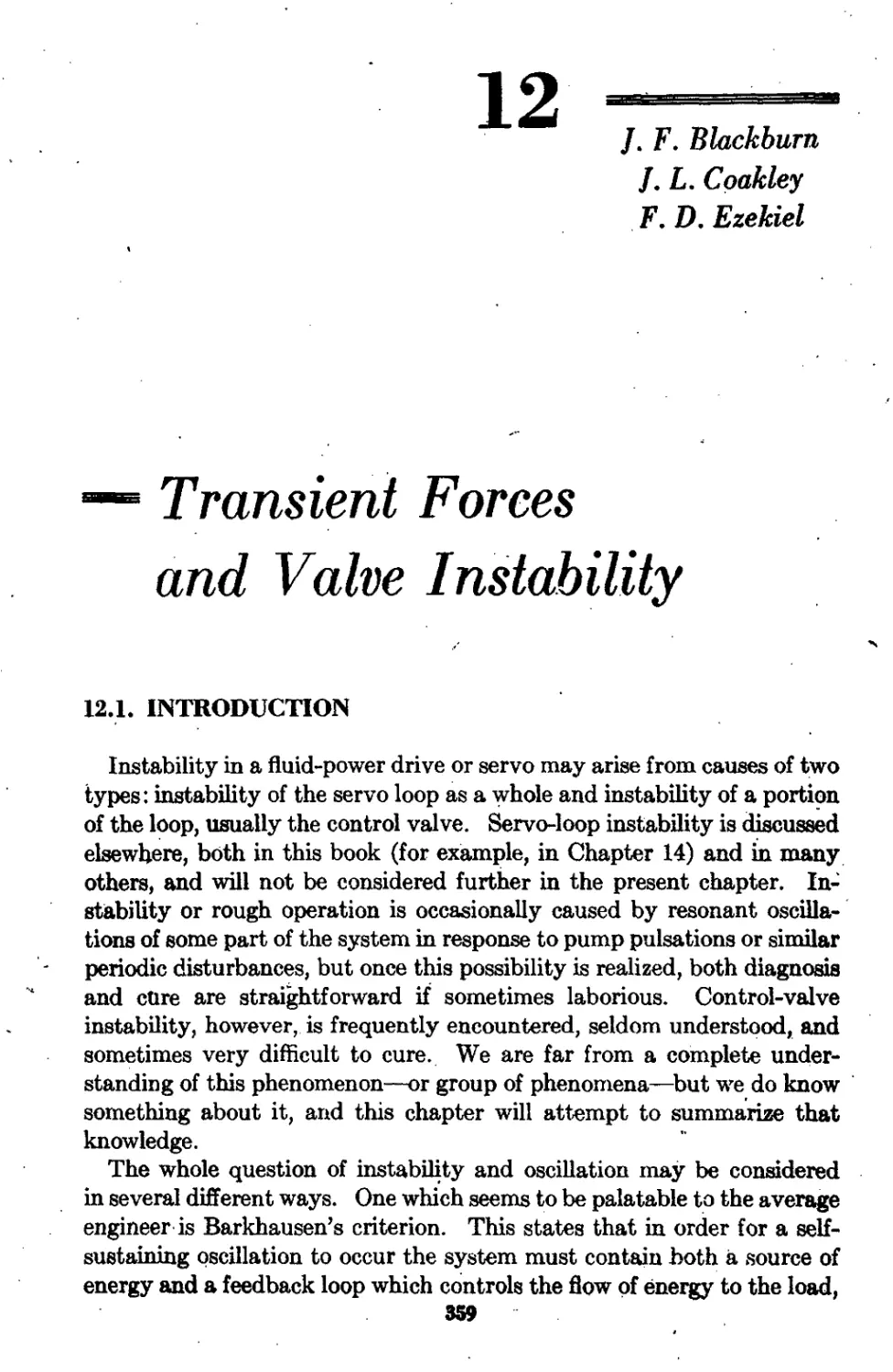 Chapter 12 Transient Forces and Valve Instability: J. F. Blackburn, J. L. Coakley, and F.D.Ezekiel