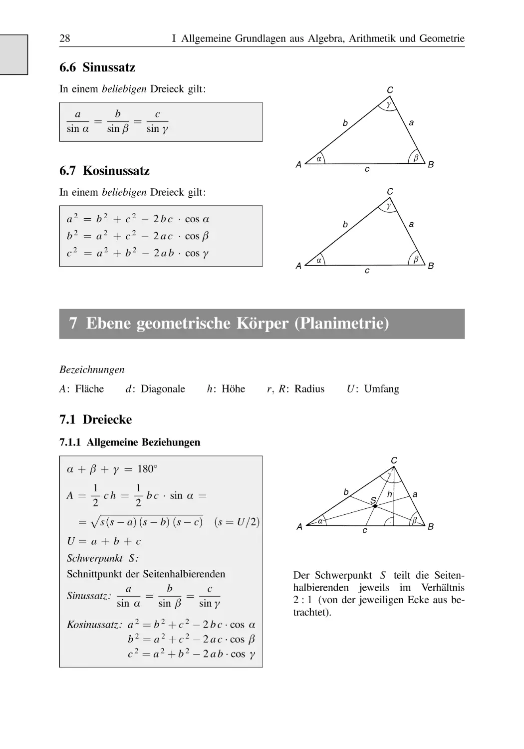 6.6 Sinussatz
6.7 Kosinussatz
7 Ebene geometrische Körper (Planimetrie)
7.1 Dreiecke
7.1.1 Allgemeine Beziehungen