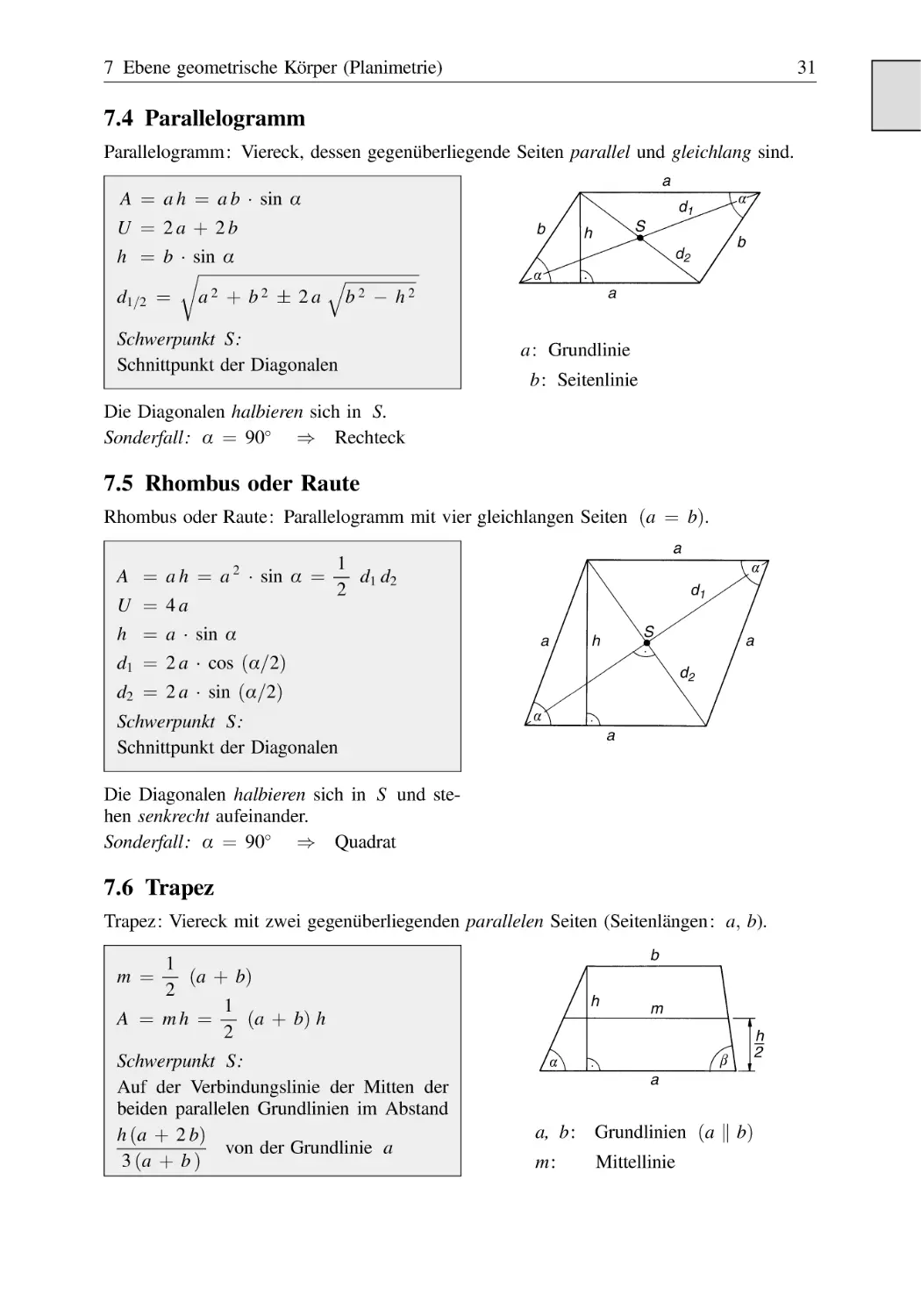 7.4 Parallelogramm
7.5 Rhombus oder Raute
7.6 Trapez