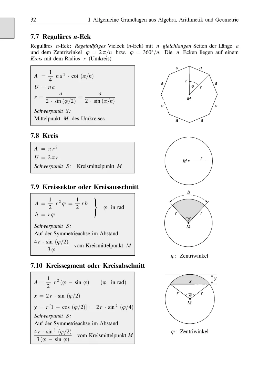 7.7 Reguläres n-Eck
7.8 Kreis
7.9 Kreissektor oder Kreisausschnitt
7.10 Kreissegment oder Kreisabschnitt