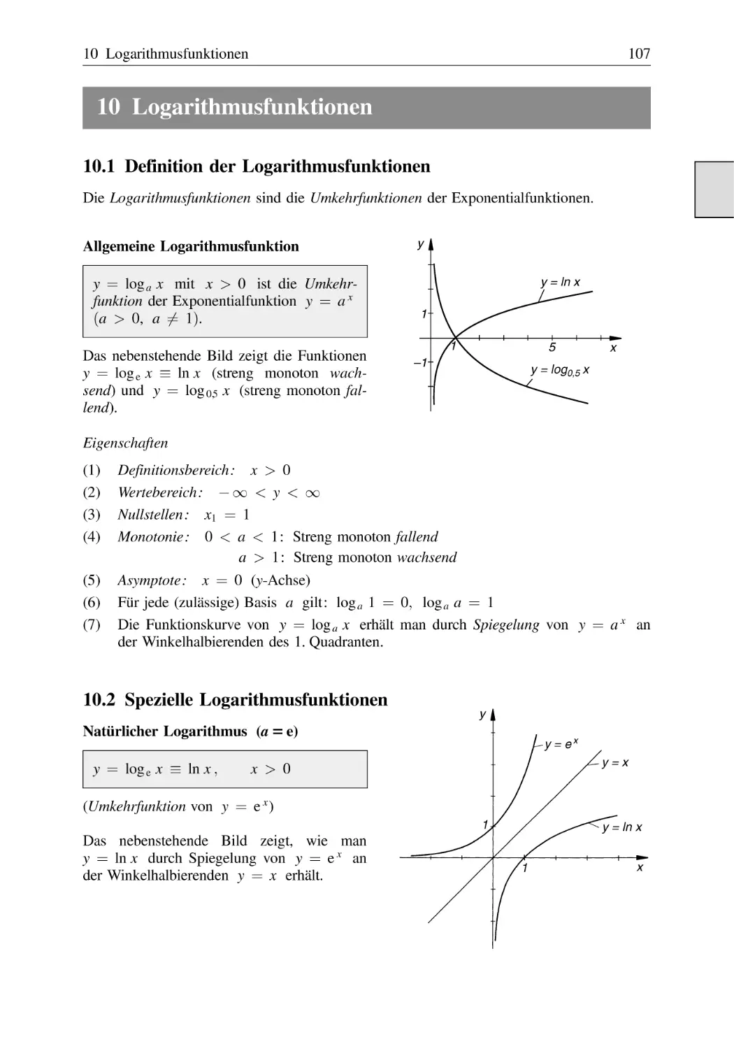10 Logarithmusfunktionen
10.1 Definition der Logarithmusfunktionen
10.2 Spezielle Logarithmusfunktionen
