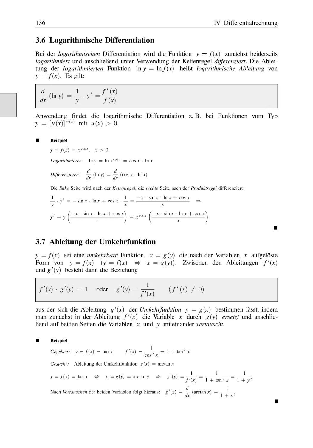 3.6 Logarithmische Differentiation
3.7 Ableitung der Umkehrfunktion