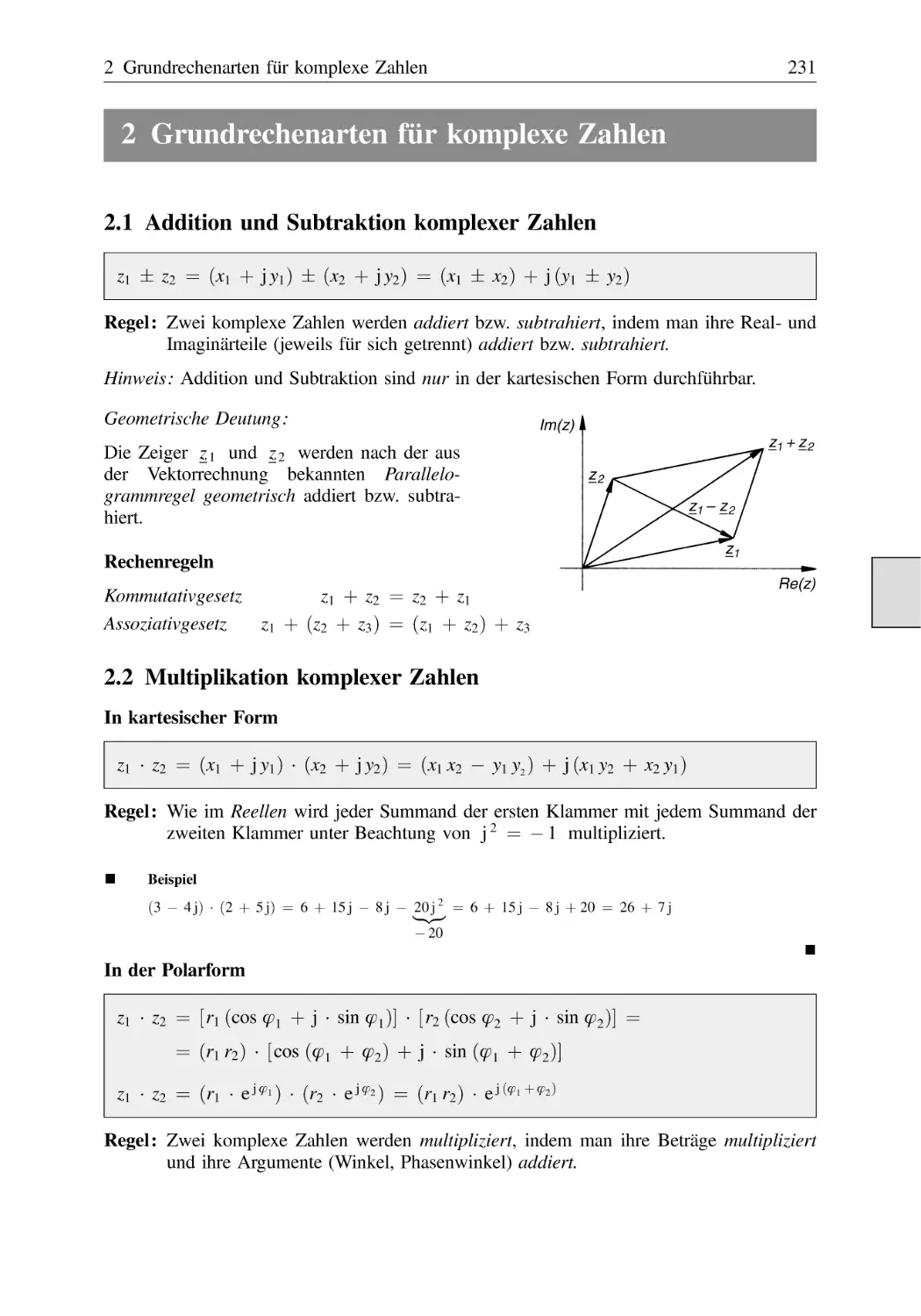 2 Grundrechenarten für komplexe Zahlen
2.1 Addition und Subtraktion komplexer Zahlen
2.2 Multiplikation komplexer Zahlen