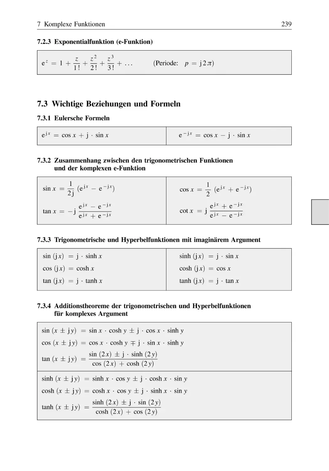7.2.3 Exponentialfunktion (e-Funktion)
7.3 Wichtige Beziehungen und Formeln
7.3.1 Eulersche Formeln
7.3.2 Zusammenhang zwischen den trigonometrischen Funktionen und der komplexen e-Funktion
7.3.3 Trigonometrische und Hyperbelfunktionen mit imaginärem Argument
7.3.4 Additionstheoreme der trigonometrischen und Hyperbelfunktionen für komplexes Argument