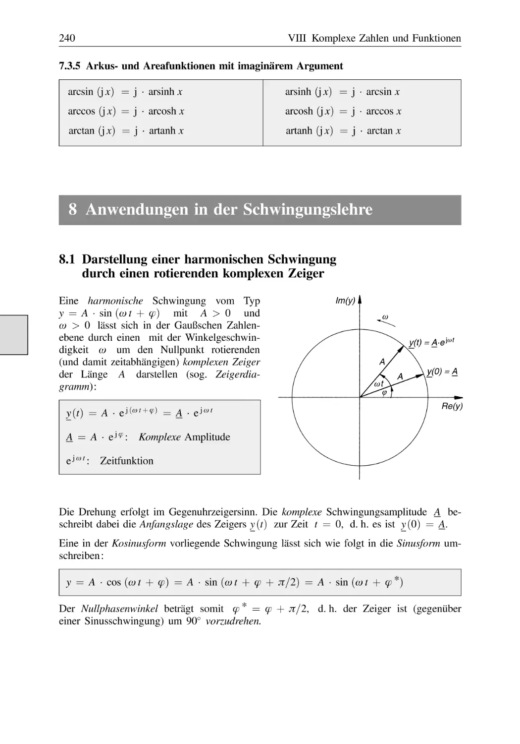 7.3.5 Arkus- und Areafunktionen mit imaginärem Argument
8 Anwendungen in der Schwingungslehre
8.1 Darstellung einer harmonischen Schwingung durch einen rotierenden komplexen Zeiger