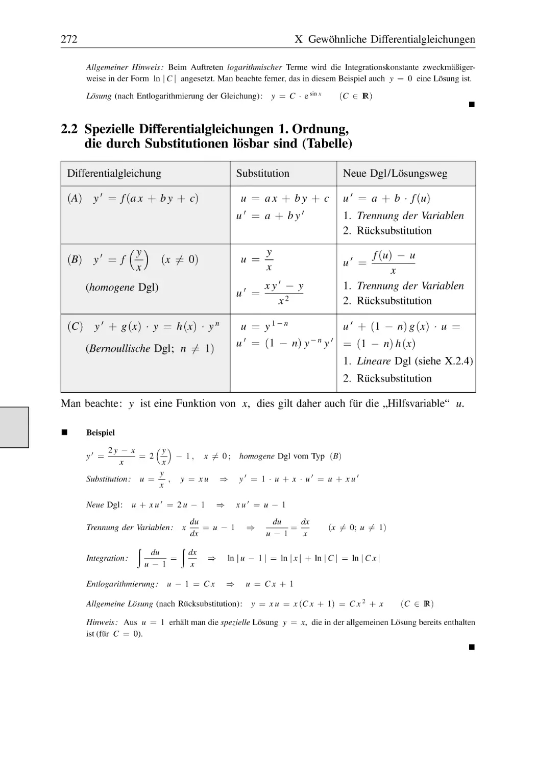 2.2 Spezielle Differentialgleichungen 1. Ordnung, die durch Substitutionen lösbar sind (Tabelle)
