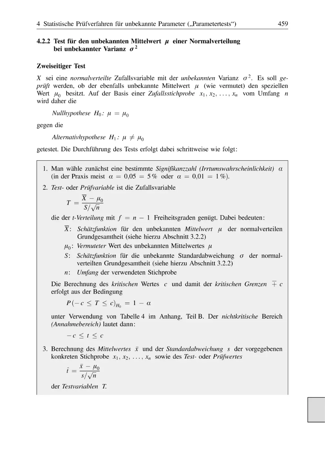 4.2.2 Test für den unbekannten Mittelwert μ einer Normalverteilung bei unbekannter Varianz σ²
