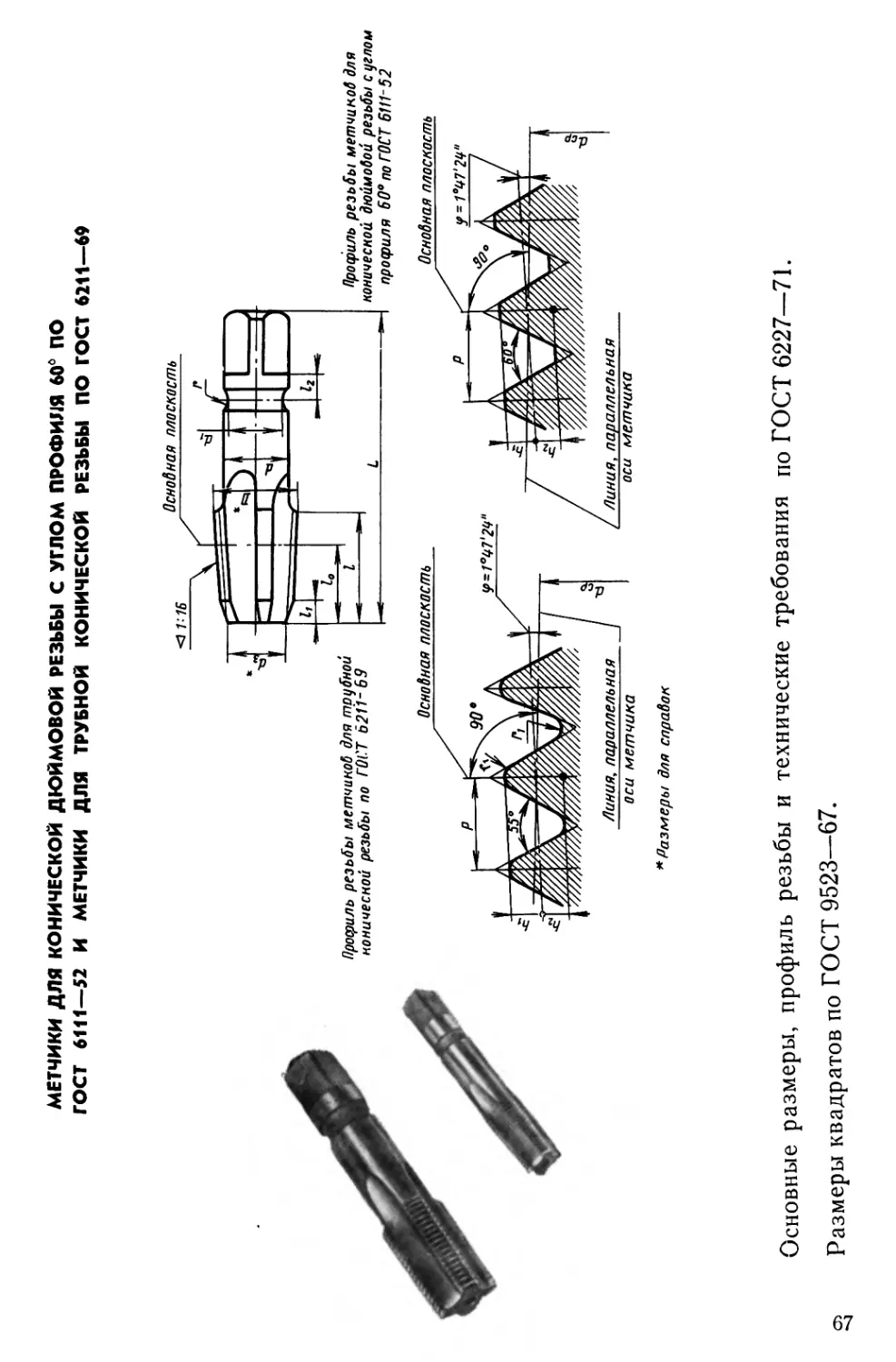 Метчики для конической дюймовой резьбы с углом профиля 60° по ГОСТ 6111—52 и метчики для трубной конической резьбы по ГОСТ 6211—69
