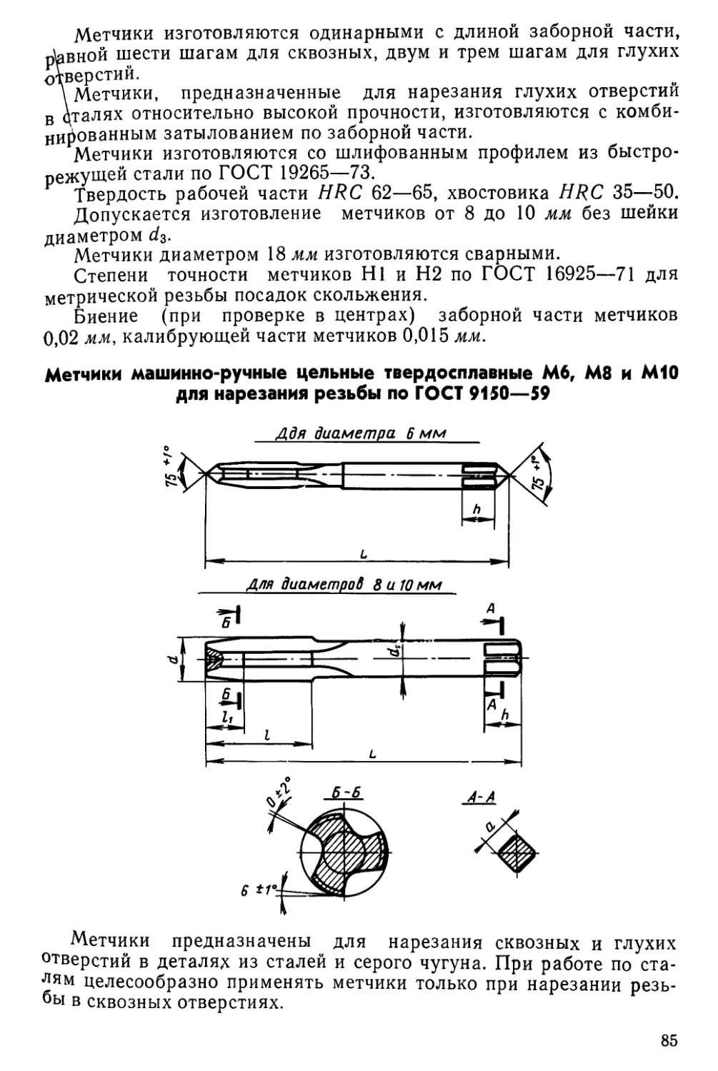 Метчики машинно-ручные цельные твердосплавные М6, М8 и М10 для нарезания резьбы по ГОСТ 9150—59