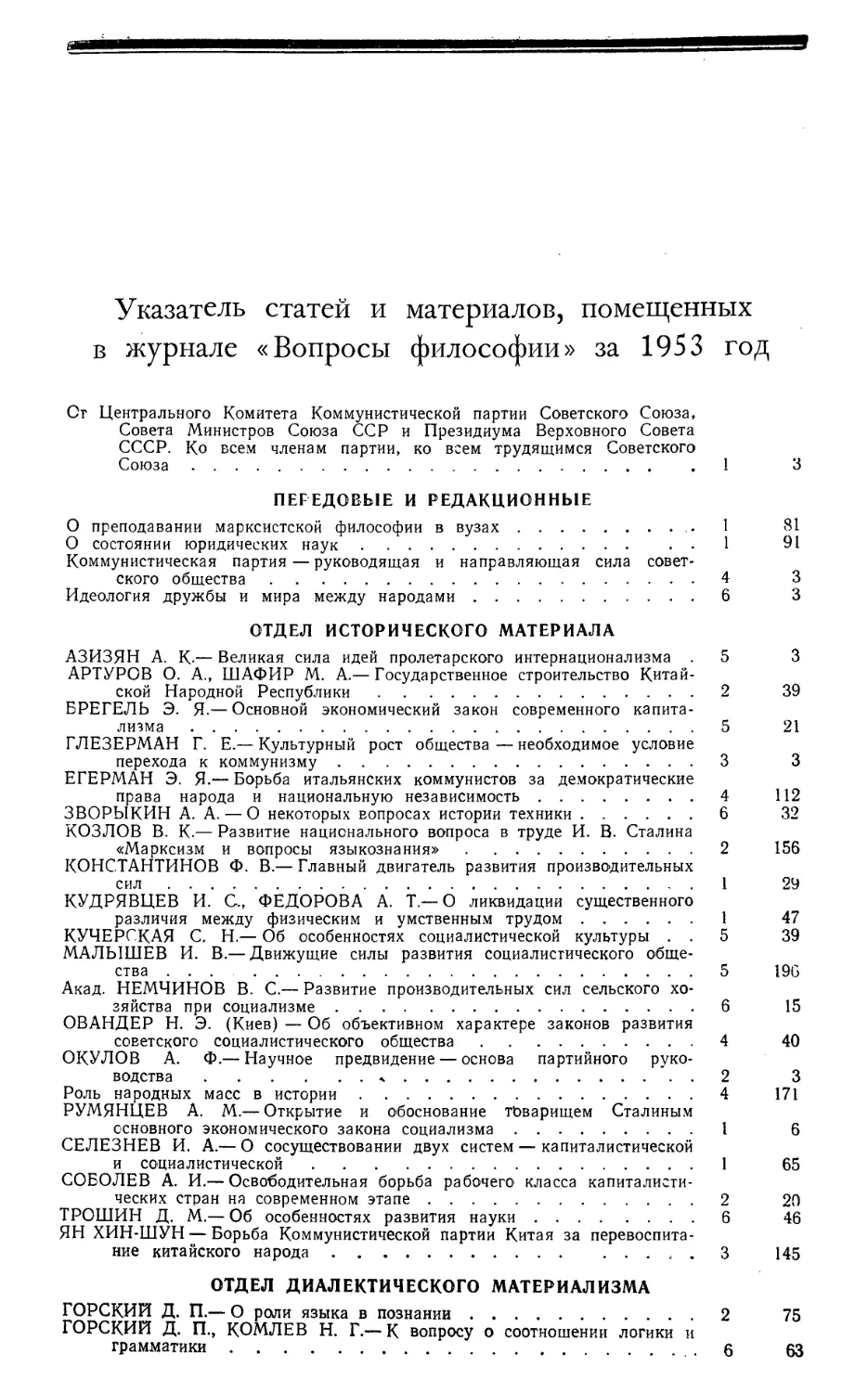 Указатель статей, помещенных в журнале «Вопросы философии» за 1953 год