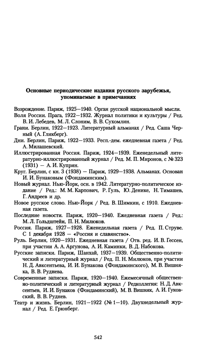 Основные периодические издания русского зарубежья, упоминаемые в примечаниях