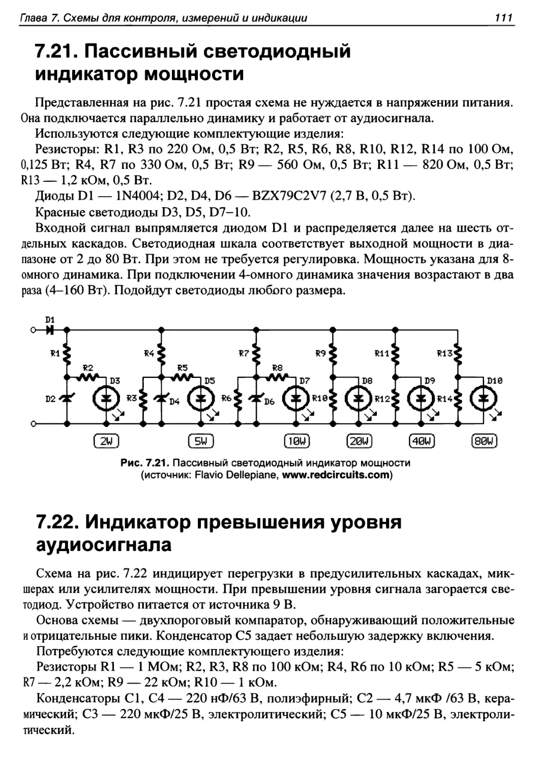 7.21. Пассивный светодиодный индикатор мощности
7.22. Индикатор превышения уровня аудиосигнала