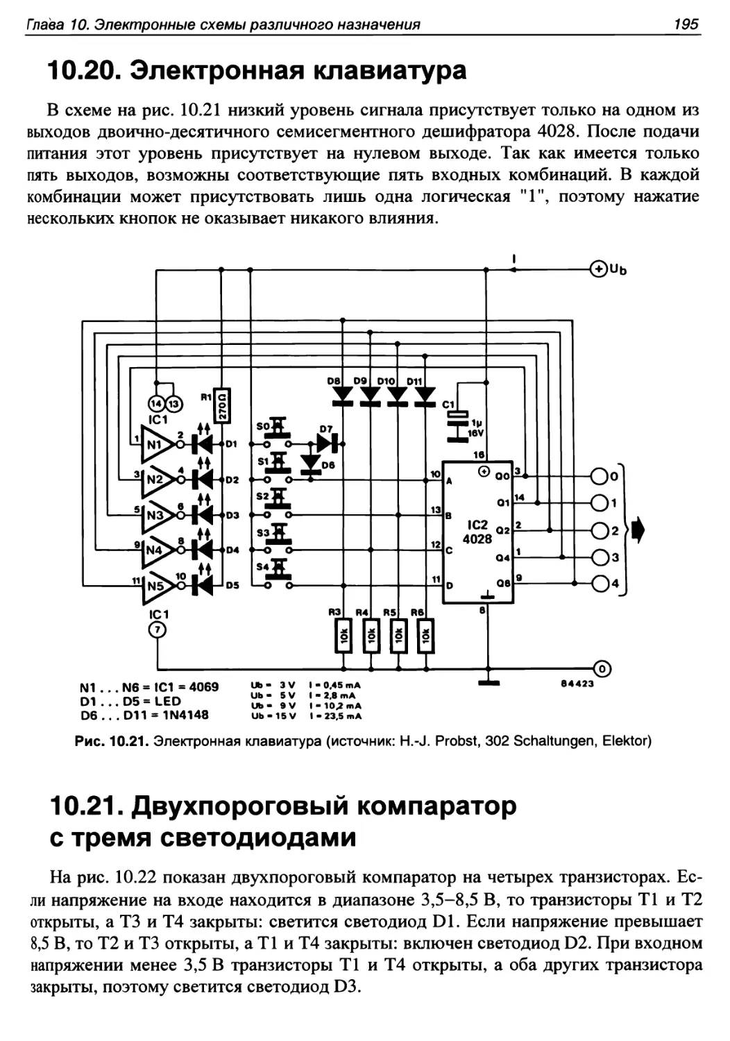 10.20. Электронная клавиатура
10.21. Двухпороговый компаратор с тремя светодиодами