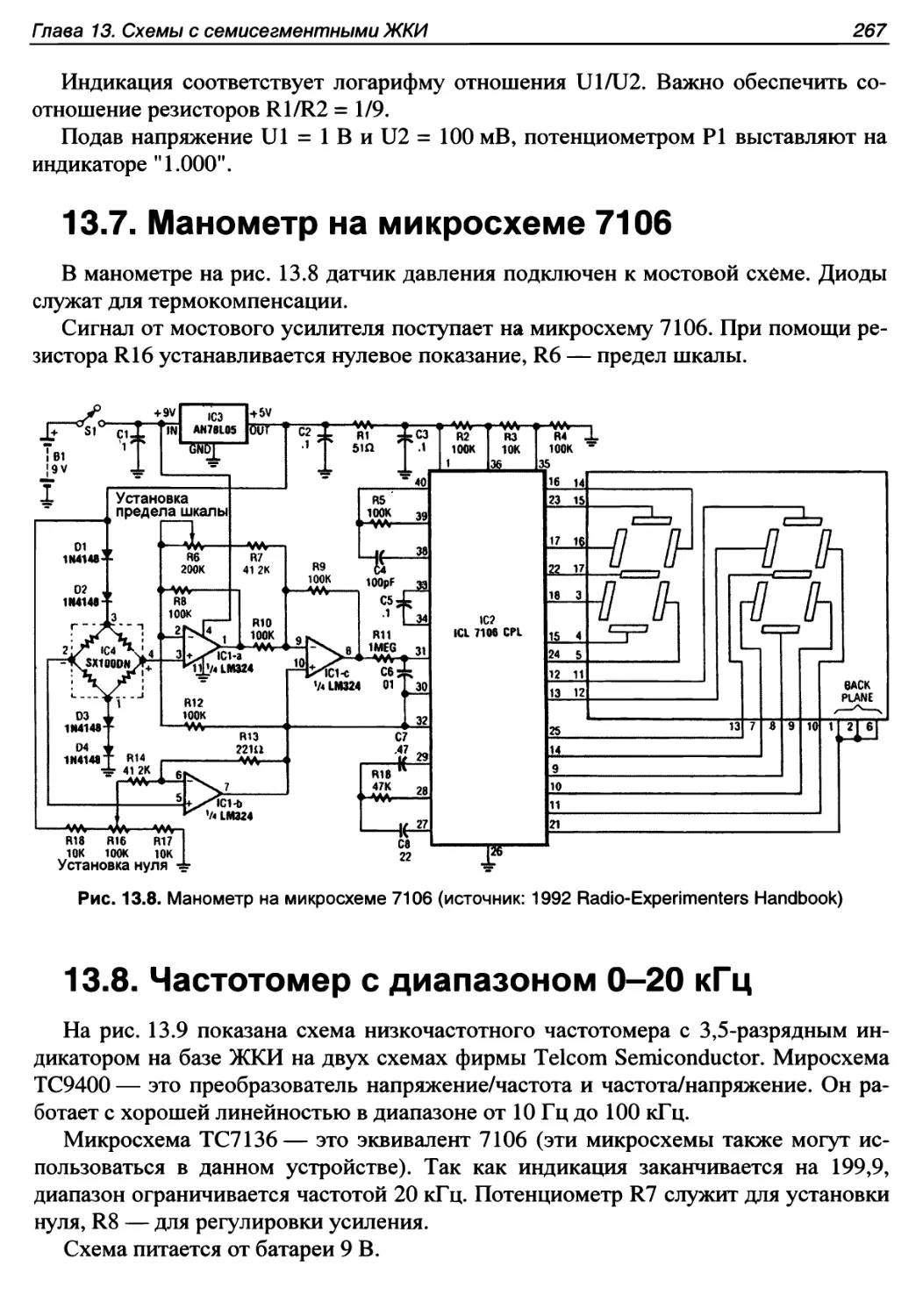 13.7. Манометр на микросхеме 7106
13.8. Частотомер с диапазоном 0-20 кГц