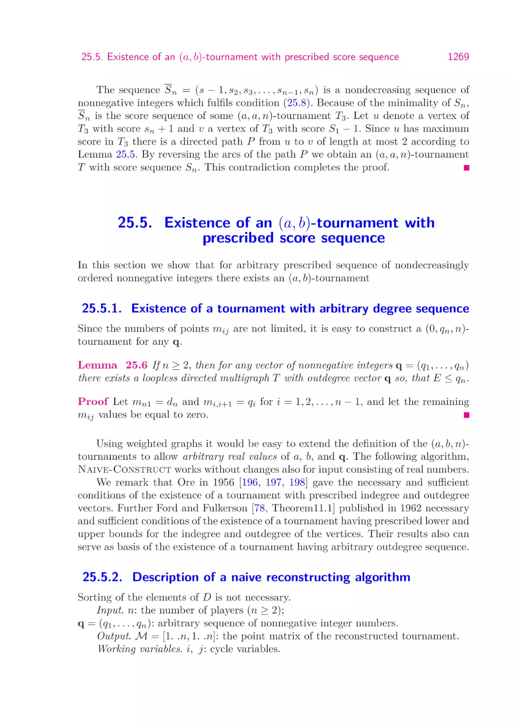 25.5.  Existence of an (a,b)-tournament with prescribed score sequence
25.5.1.  Existence of a tournament with arbitrary degree sequence
25.5.2.  Description of a naive reconstructing algorithm