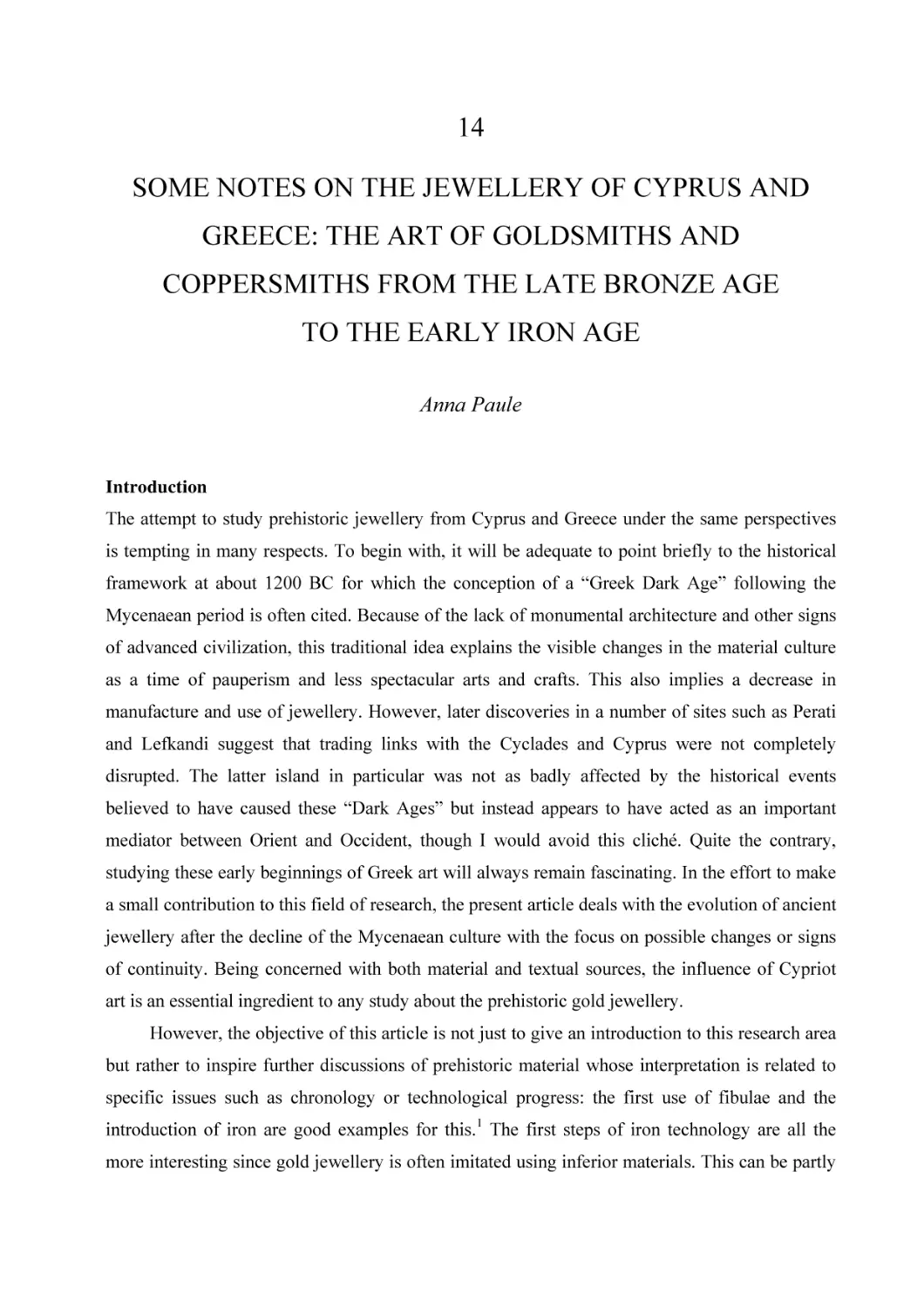 14. SOME NOTES ON THE JEWELLERY OF CYPRUS AND GREECE