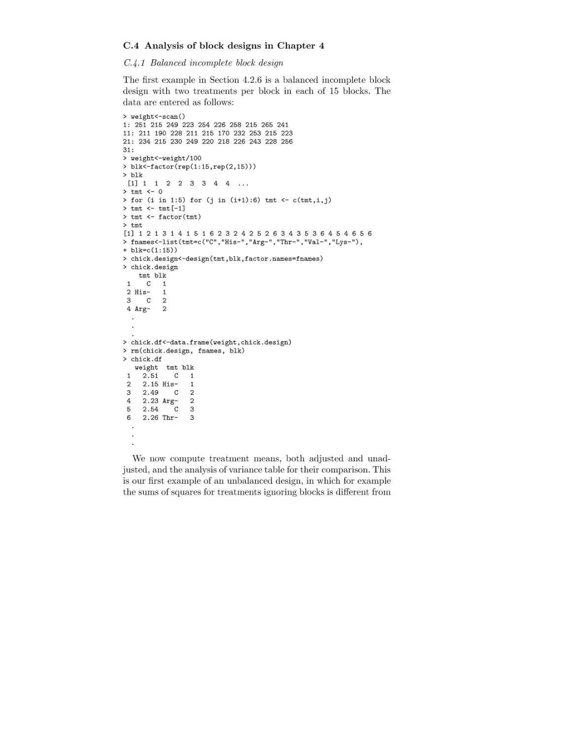 C.4 Analysis of block designs in 4
C.4.1 Balanced incomplete block design