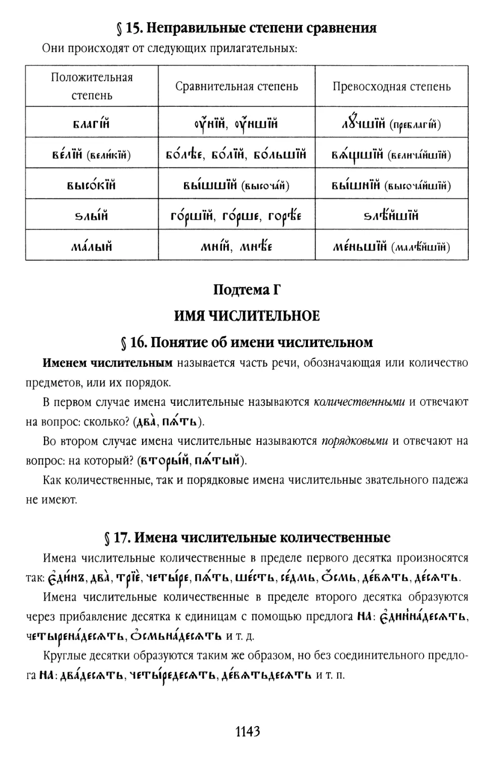 § 15. Неправильные степени сравнения
Подтема Г. ИМЯ ЧИСЛИТЕЛЬНОЕ
§ 17. Имена числительные количественные