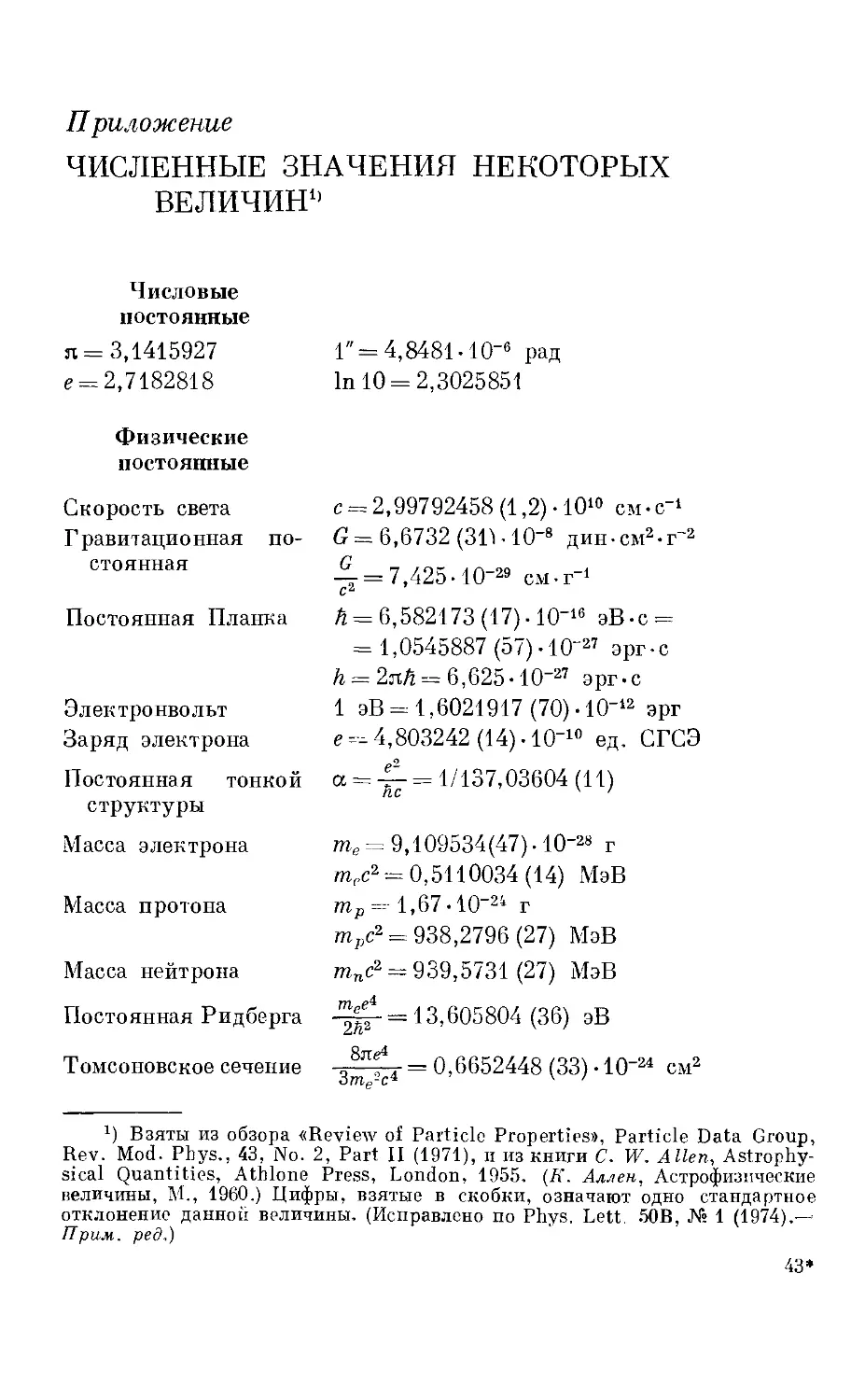 Приложение. Численные значения некоторых величин