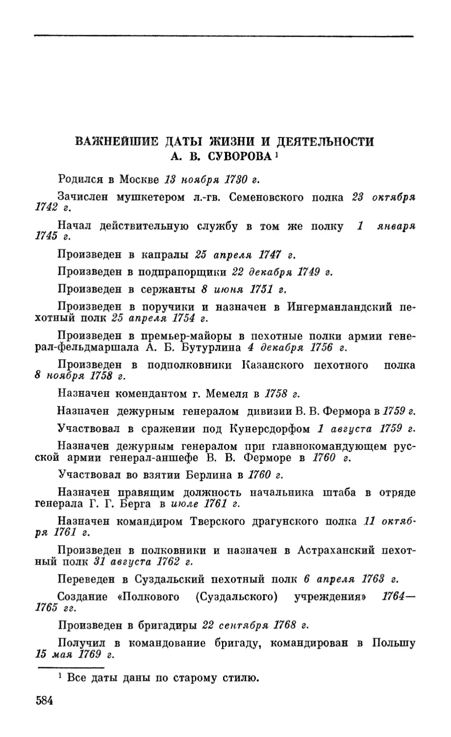 Важнейшие даты жизни и деятельности А. В. Суворова