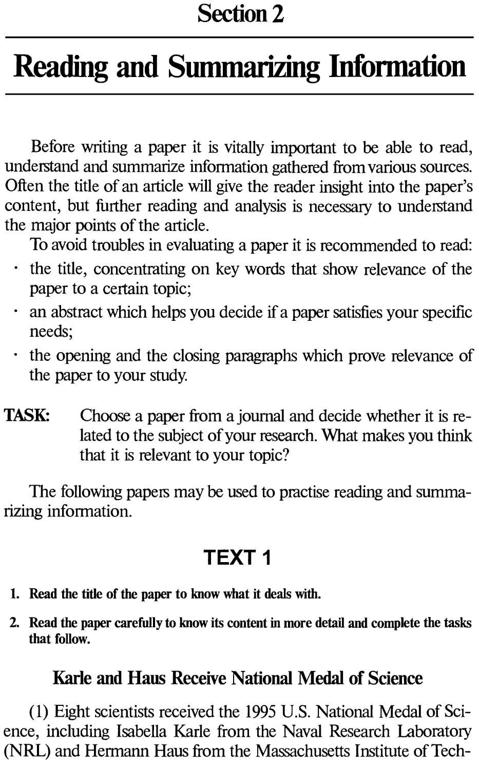 Section 2. Reading and Summarizing Information