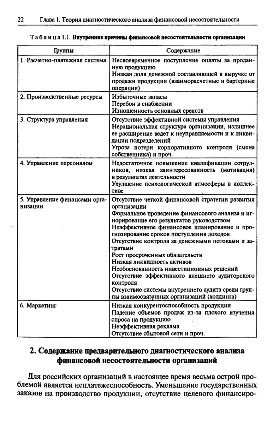 2. Содержание предварительного диагаостического анализа финансовой несостоятельности организаций