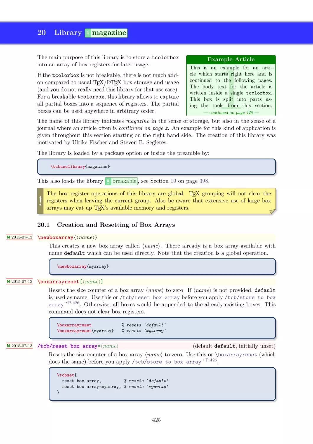 Library `magazine'
Creation and Resetting of Box Arrays