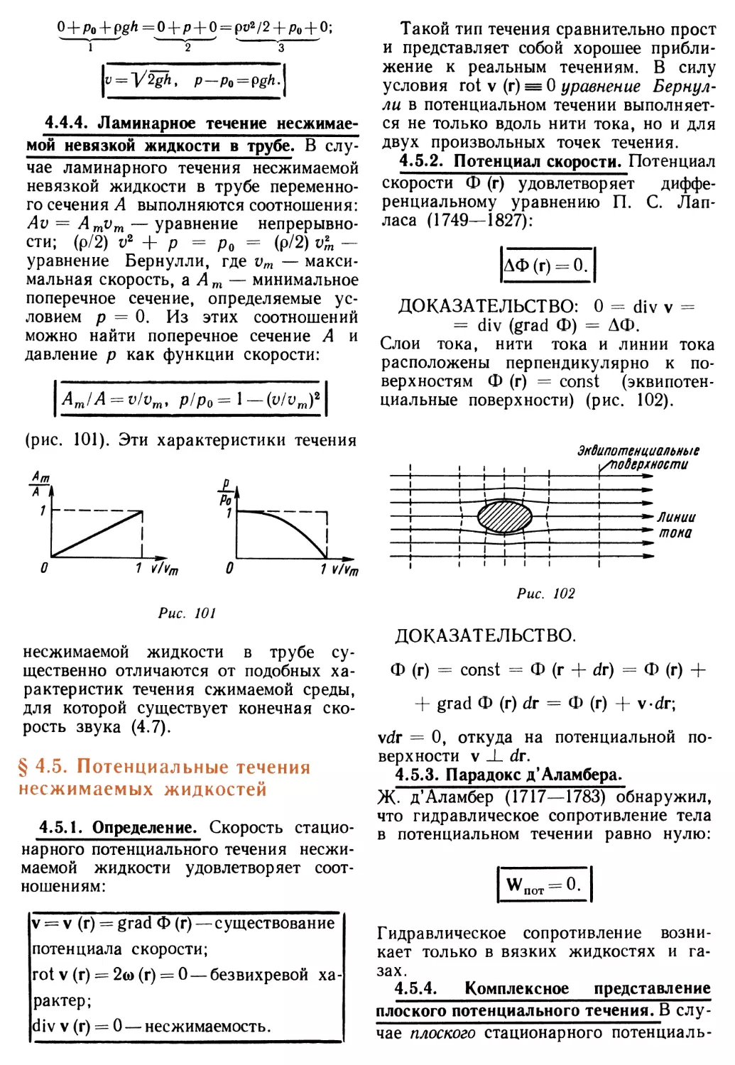 4.4.4. Ламинарное течение несжимаемой невязкой жидкости в трубе
§ 4.5. Потенциальные течения несжимаемых жидкостей
4.5.2. Потенциал скорости
4.5.3. Парадокс д'Аламбера
4.5.4. Комплексное представление плоского потенциального течения