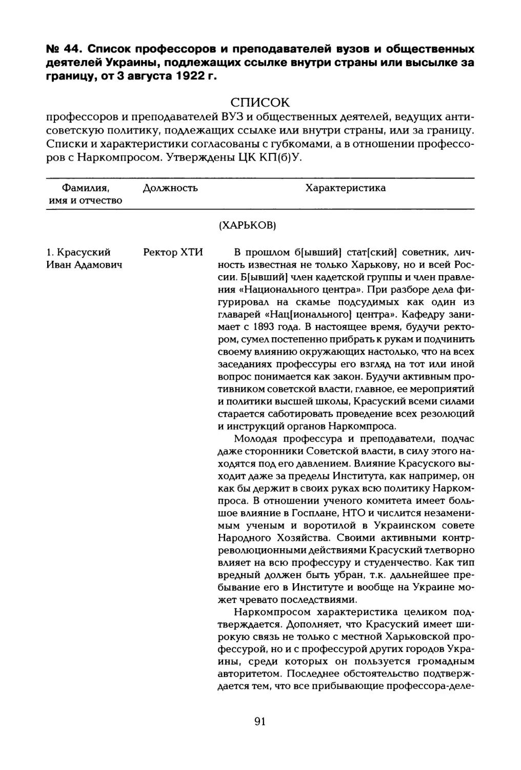 № 44. Список профессоров и преподавателей вузов и общественных деятелей Украины, подлежащих ссылке внутри страны или высылке за границу, от 3 августа 1922 г