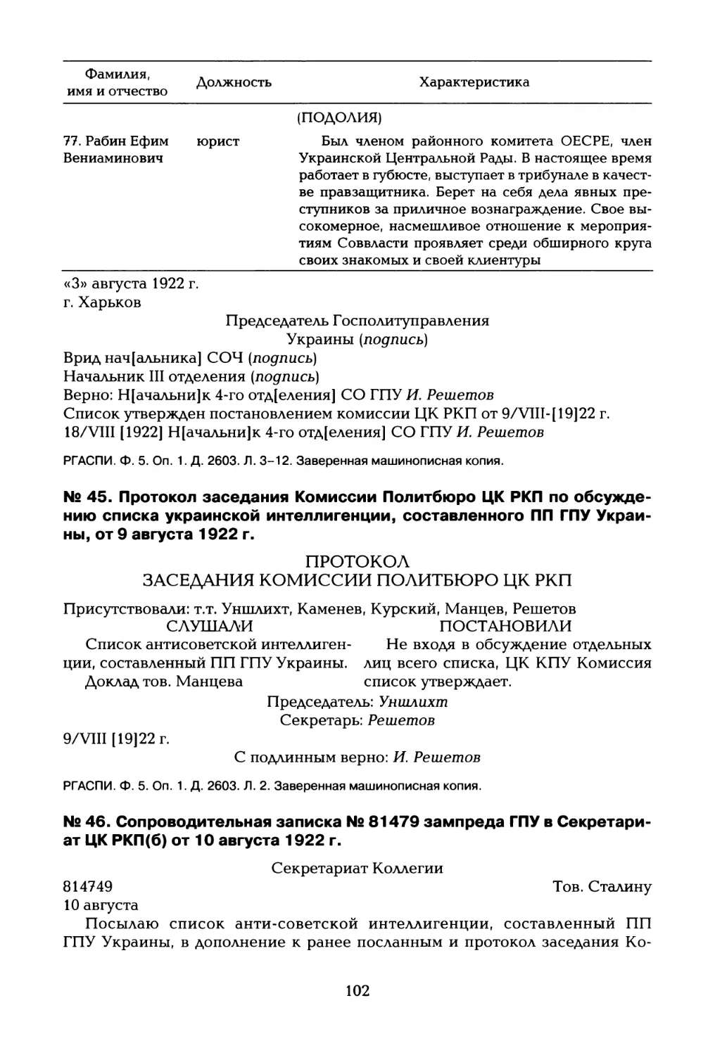 № 45. Протокол заседания Комиссии Политбюро ЦК РКП по обсуждению списка украинской интеллигенции, составленного ПП ГПУ Украины, от 9 августа 1922 г