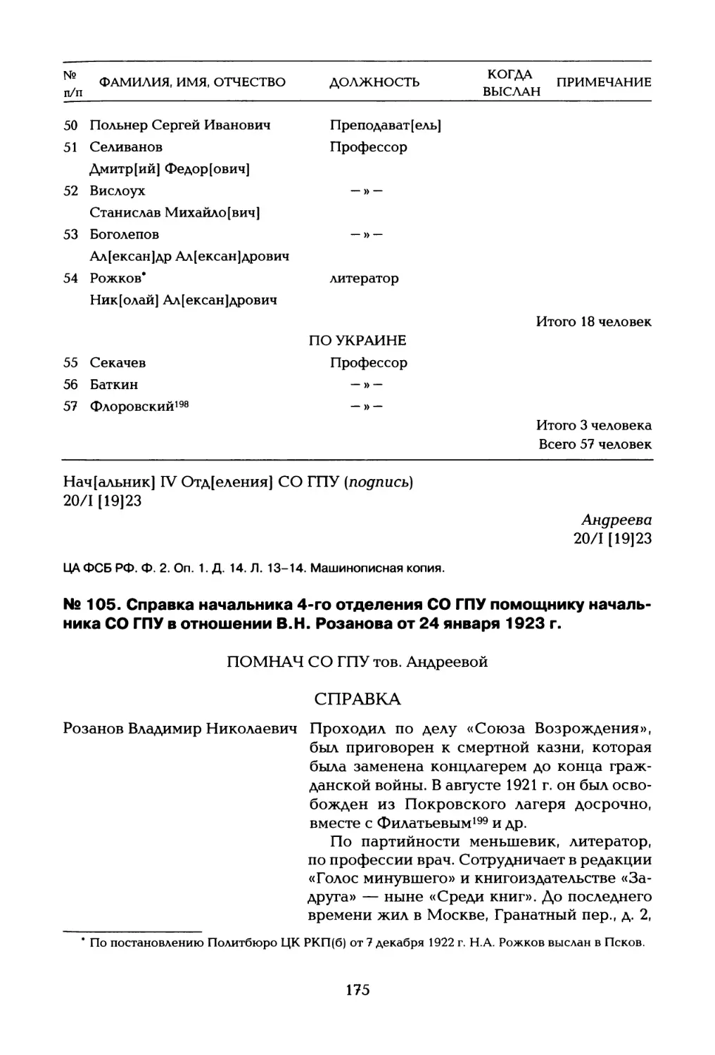 № 105. Справка начальника 4-го отделения СО ГПУ помощнику начальника СО ГПУ в отношении В.Н. Розанова от 24 января 1923 г