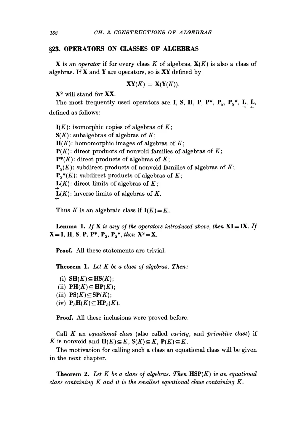 §23. Operators on Classes of Algebras