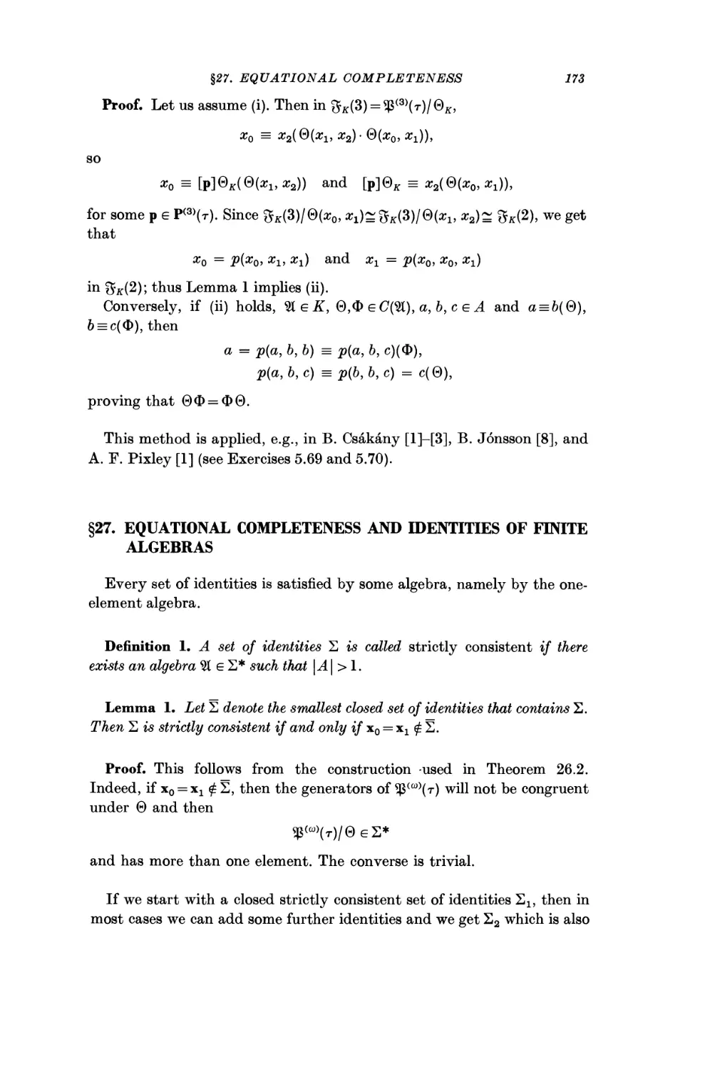 §27. Equational Completeness and Identities of Finite Algebras