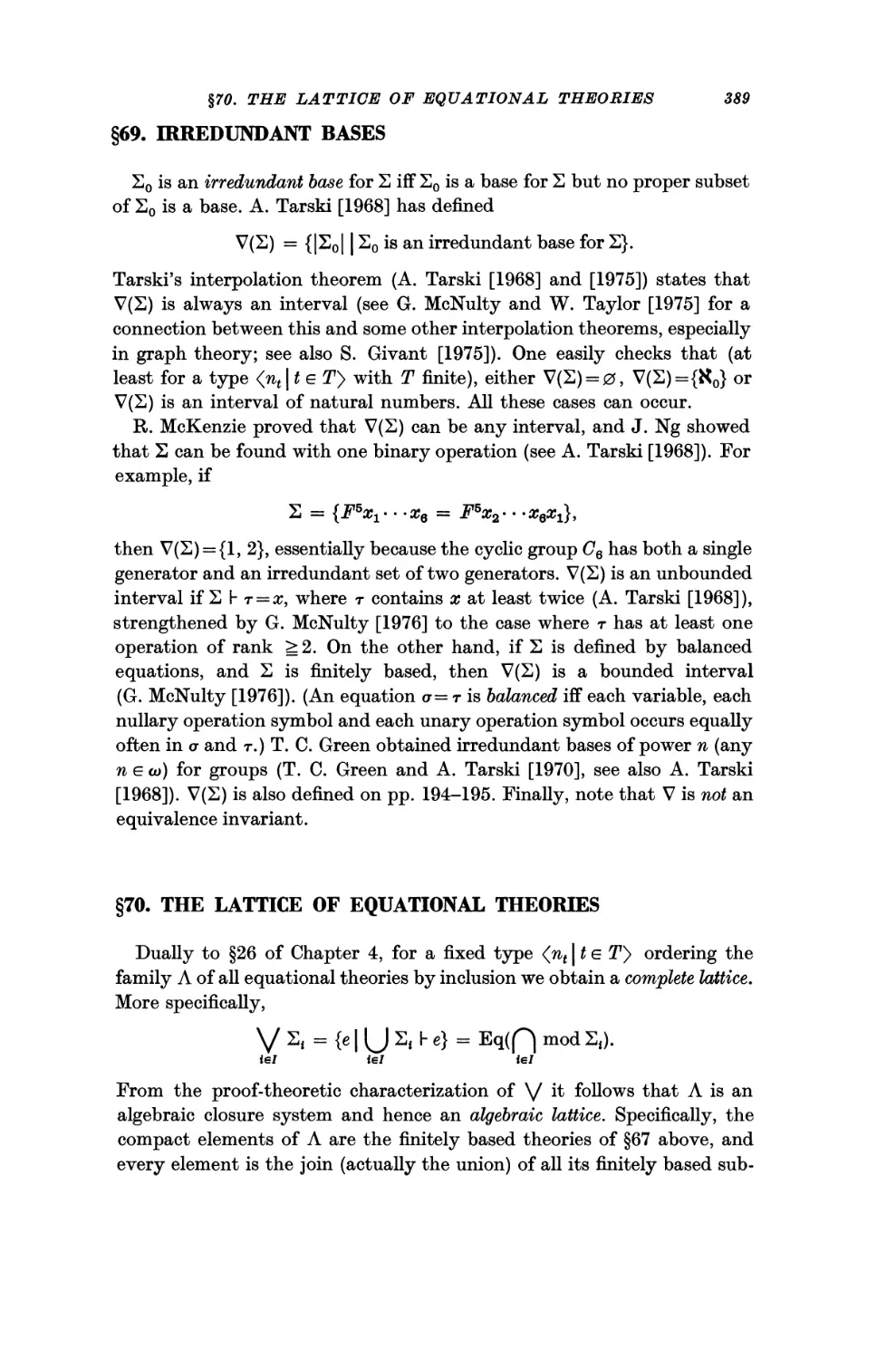 §69. Irredundant Bases
§70. The Lattice of Equational Theories