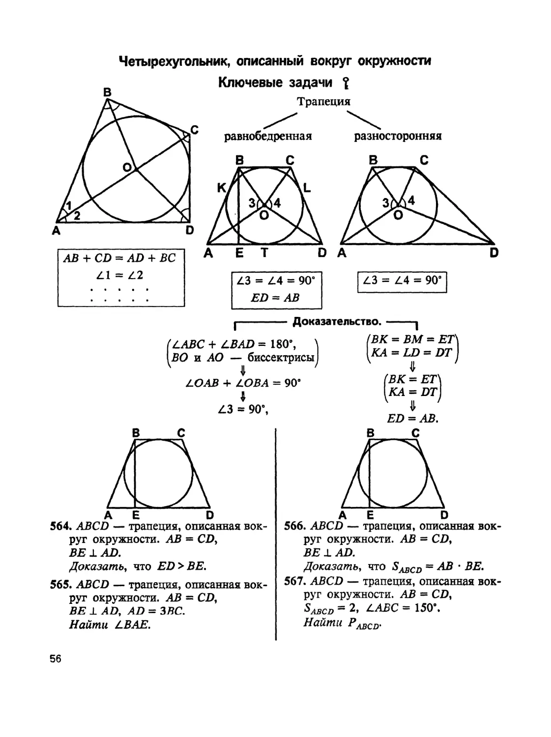 Четырёхуголник , описанный  вокруг окружности
Ключевые задачи