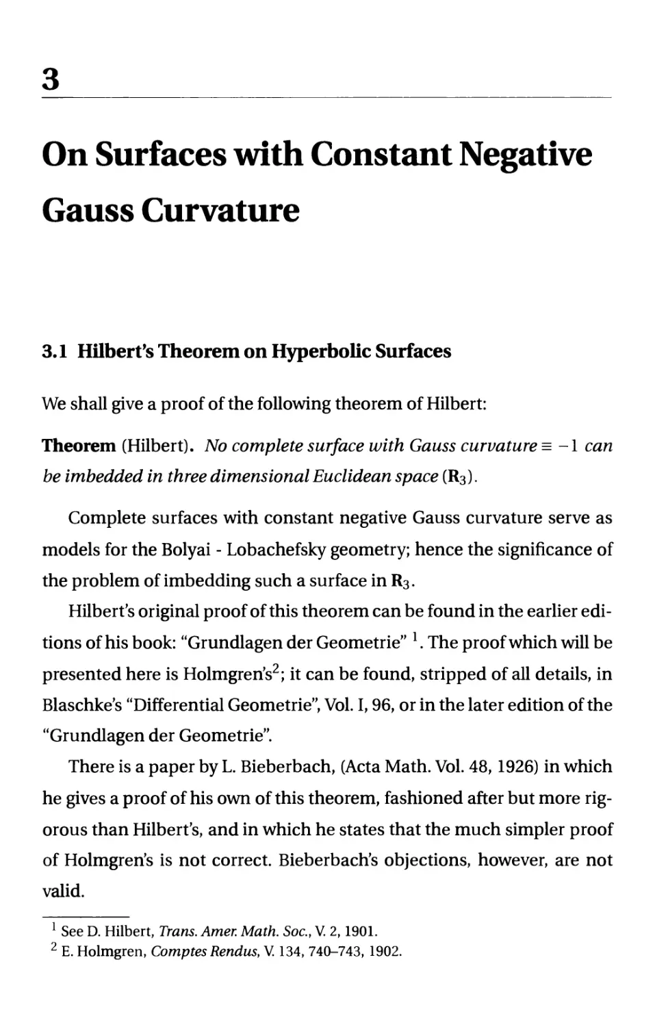 3. On Surfaces with Constant Negative Gauss Curvature
3.1 Hilbert's Theorem on Hyperbolic Surfaces