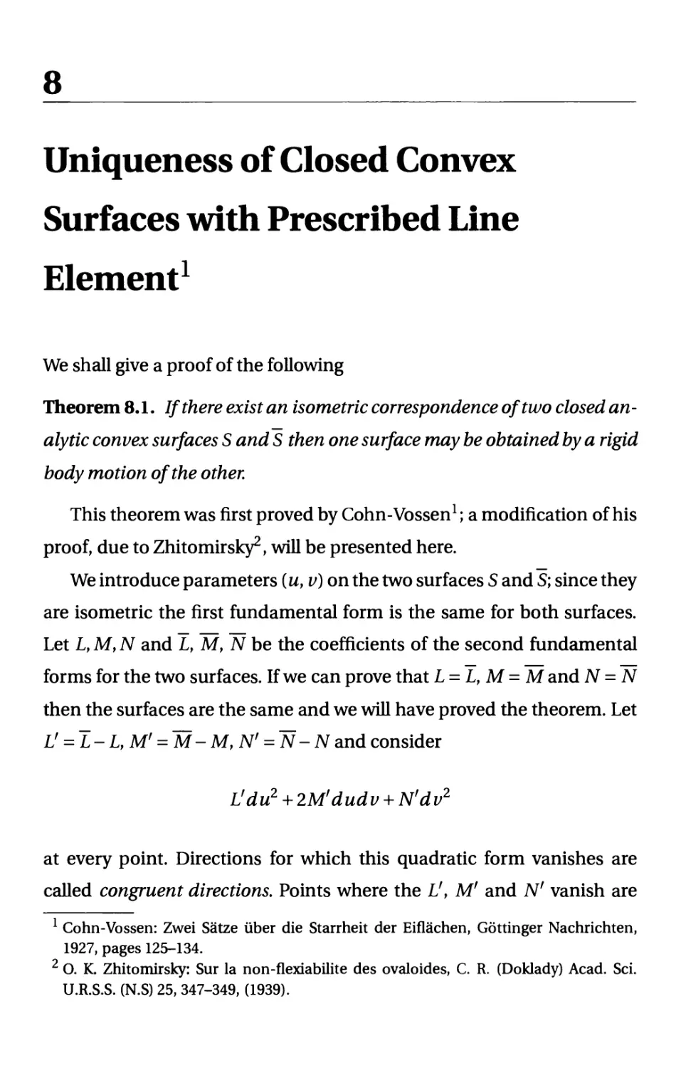 8. Uniqueness of Closed Convex Surfaces with Prescribed Line Element