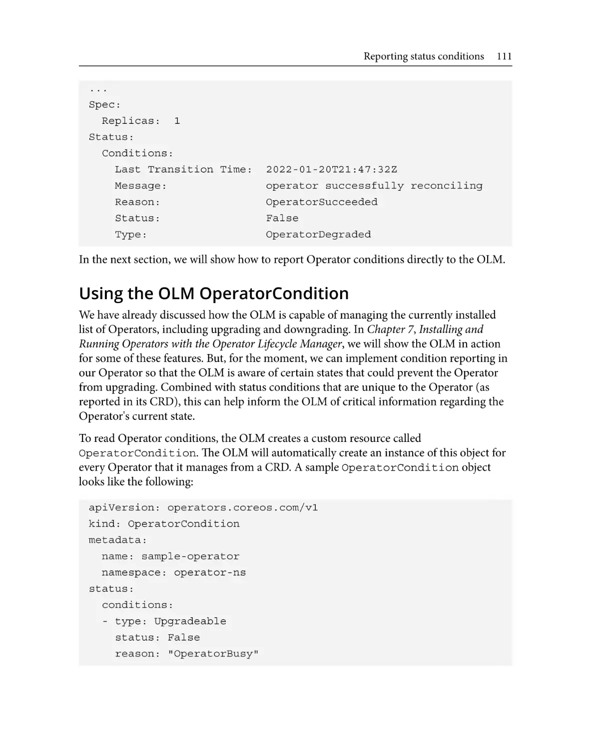 Using the OLM OperatorCondition