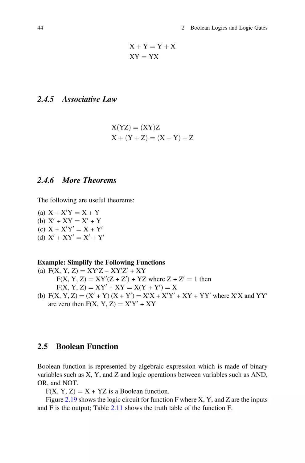 2.4.5 Associative Law
2.4.6 More Theorems
2.5 Boolean Function