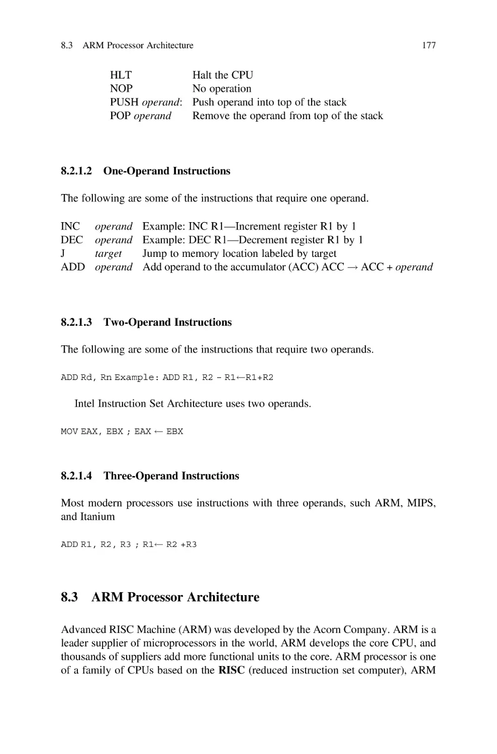 8.2.1.2 One-Operand Instructions
8.2.1.3 Two-Operand Instructions
8.2.1.4 Three-Operand Instructions
8.3 ARM Processor Architecture