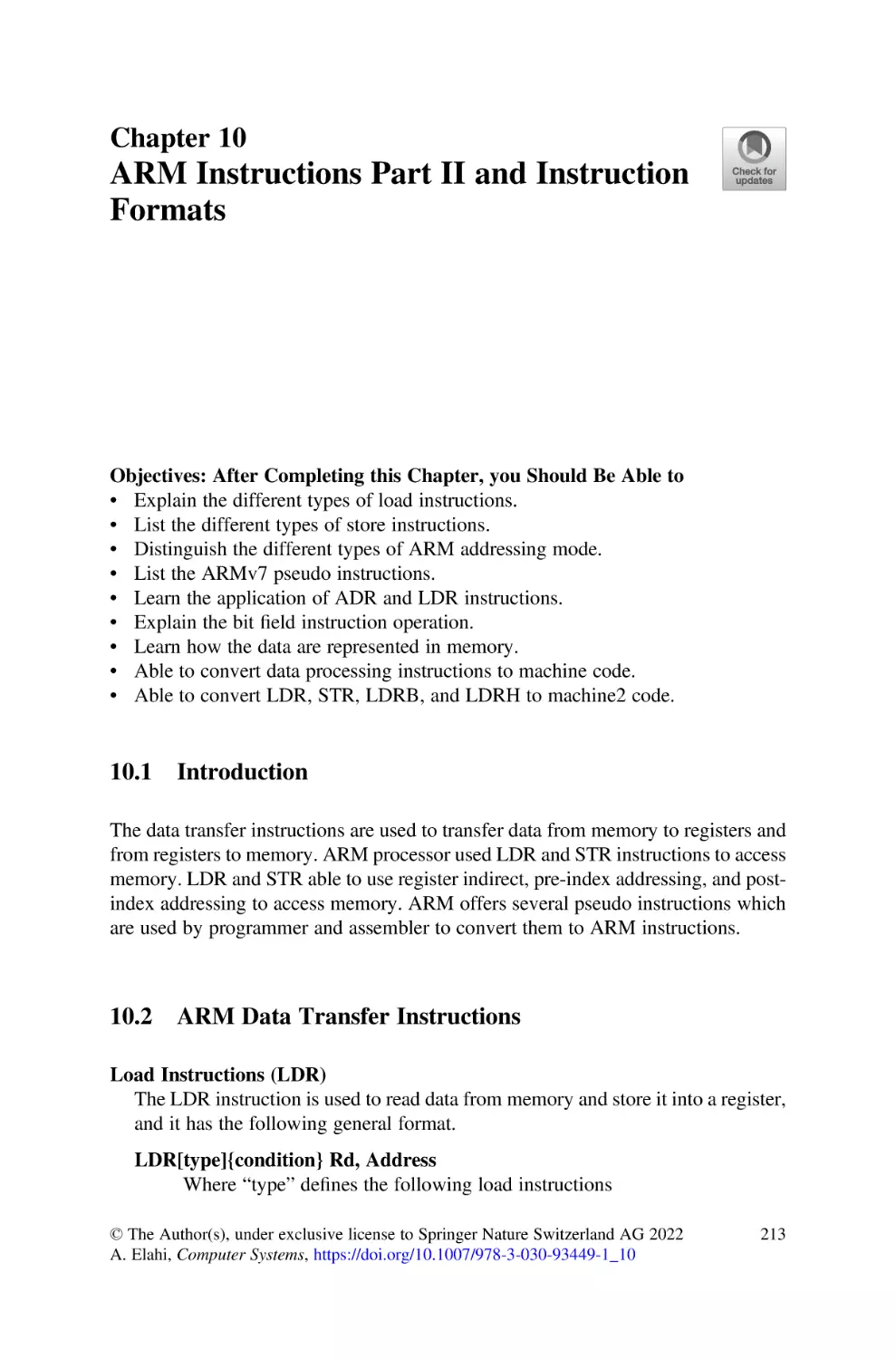 Chapter 10
10.1 Introduction
10.2 ARM Data Transfer Instructions