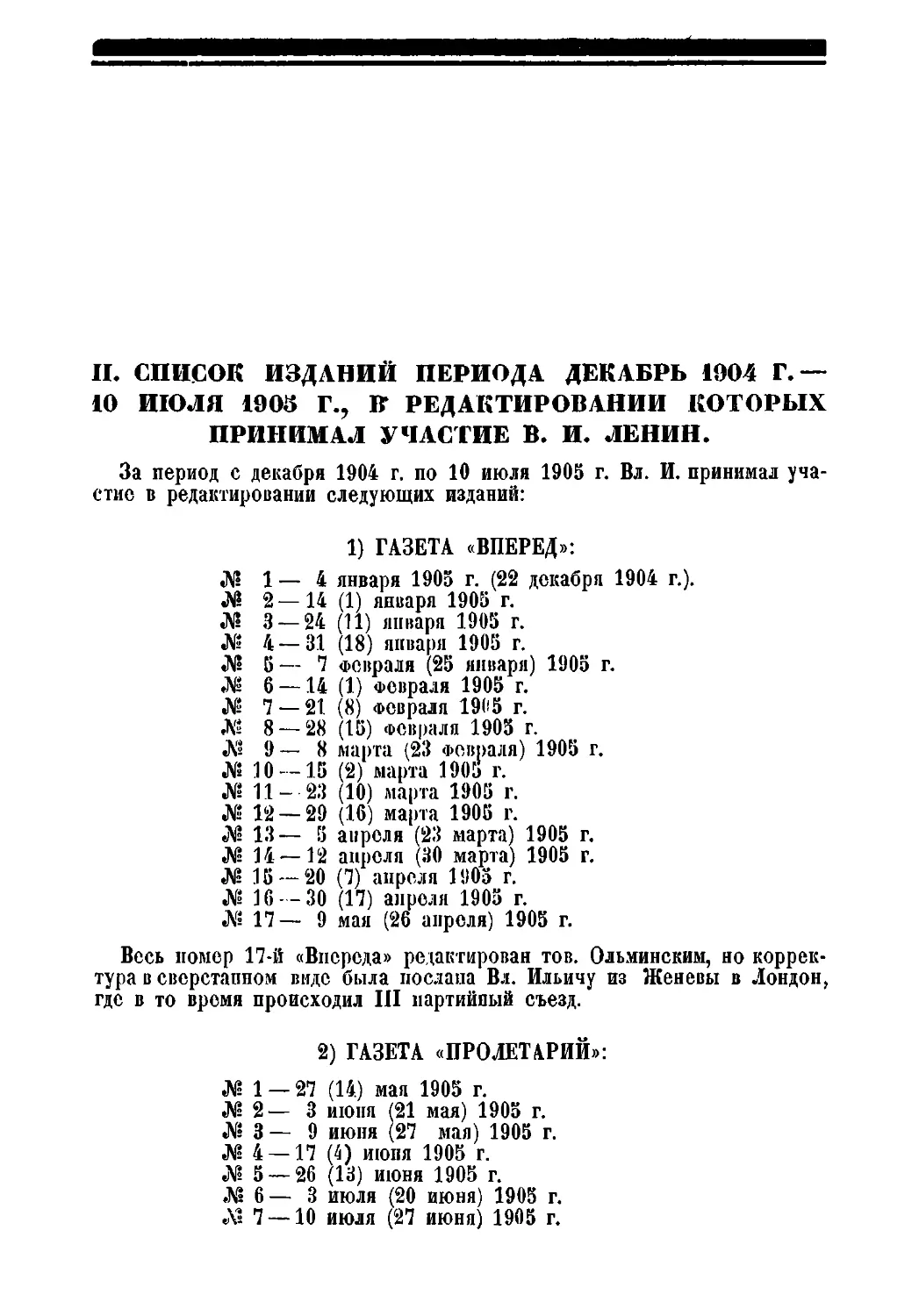 II. Список изданий периода декабрь 1904 г. — 10 июля 1905 г., в редактировании которых принимал участие В. И. Ленин