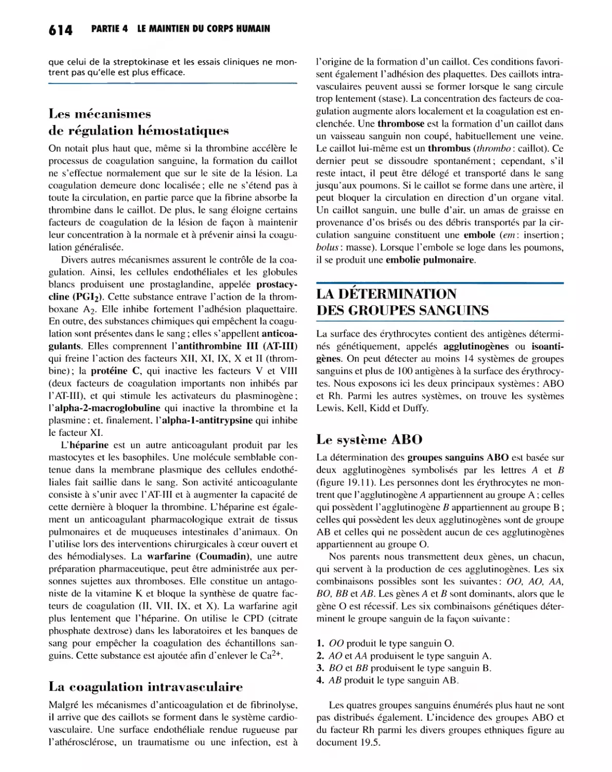 Les mécanismes de régulation hémostatiques
La coagulation intravasculaire
LA DÉTERMINATION DES GROUPES SANGUINS