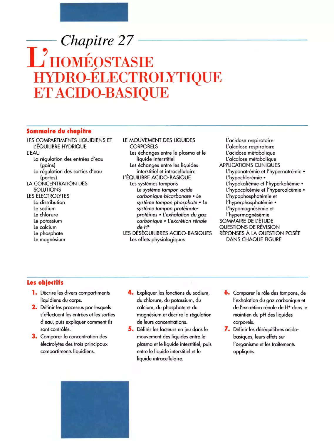 Chapitre 27 L'homéostasie hydro-électrolytique et acido-basique