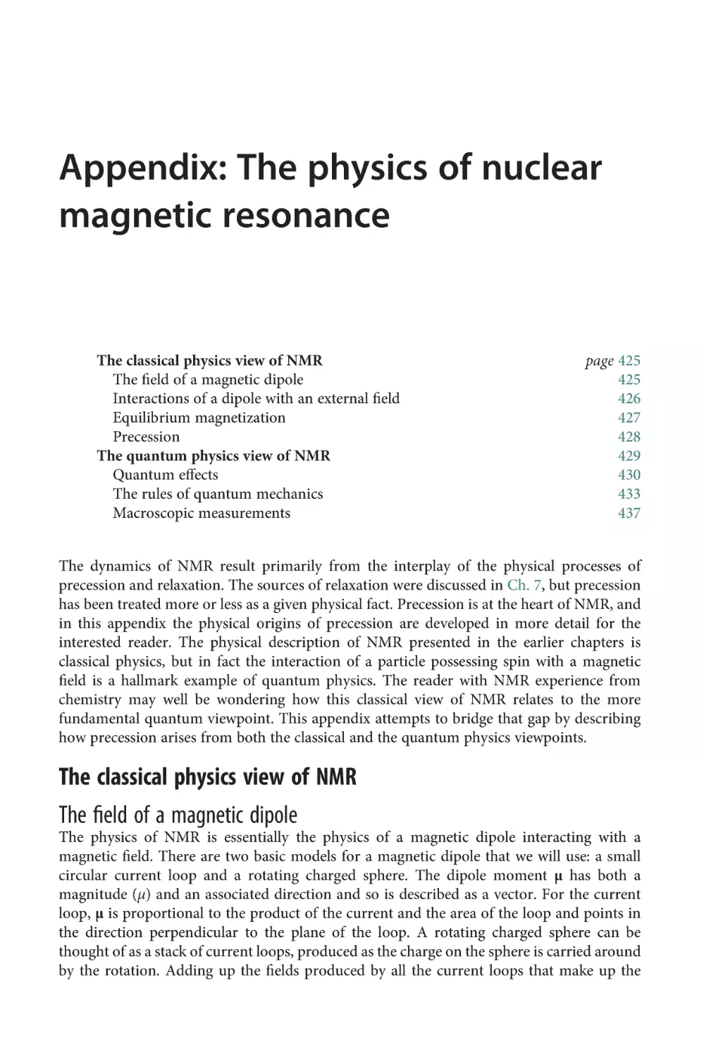 Appendix
The classical physics view of NMR
The field of a magnetic dipole