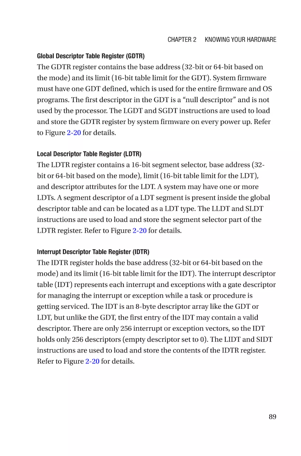 Global Descriptor Table Register (GDTR)
Local Descriptor Table Register (LDTR)
Interrupt Descriptor Table Register (IDTR)