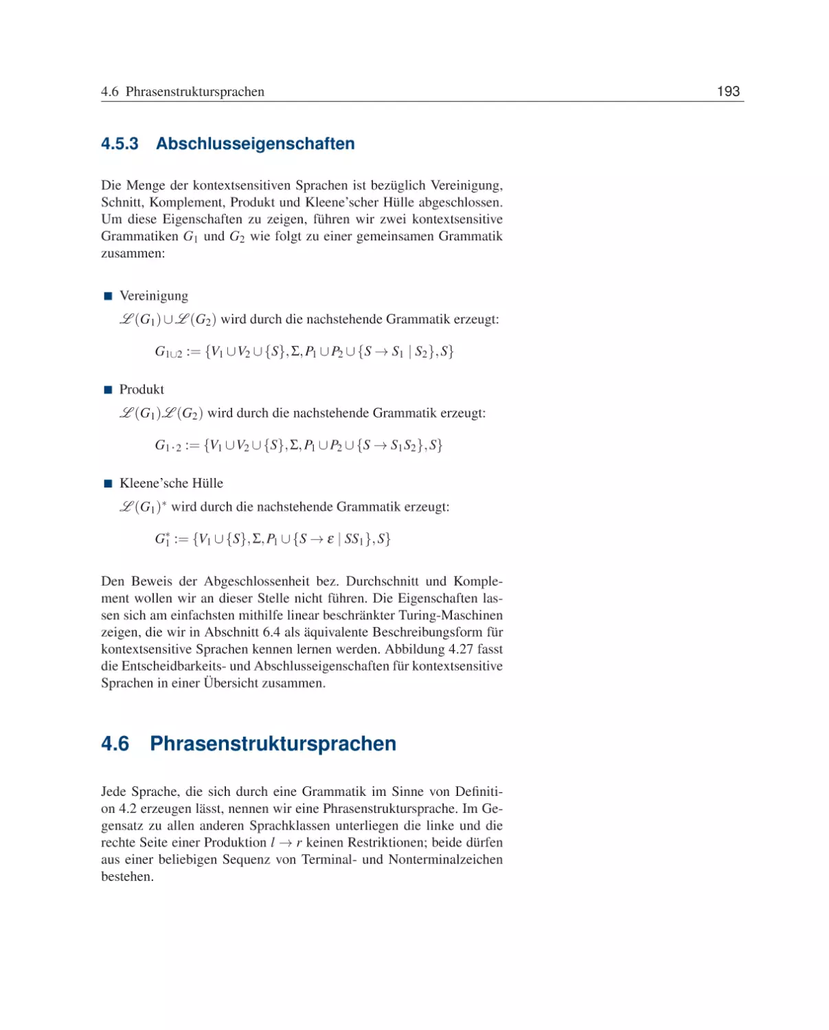 4.5.3 Abschlusseigenschaften
4.6 Phrasenstruktursprachen