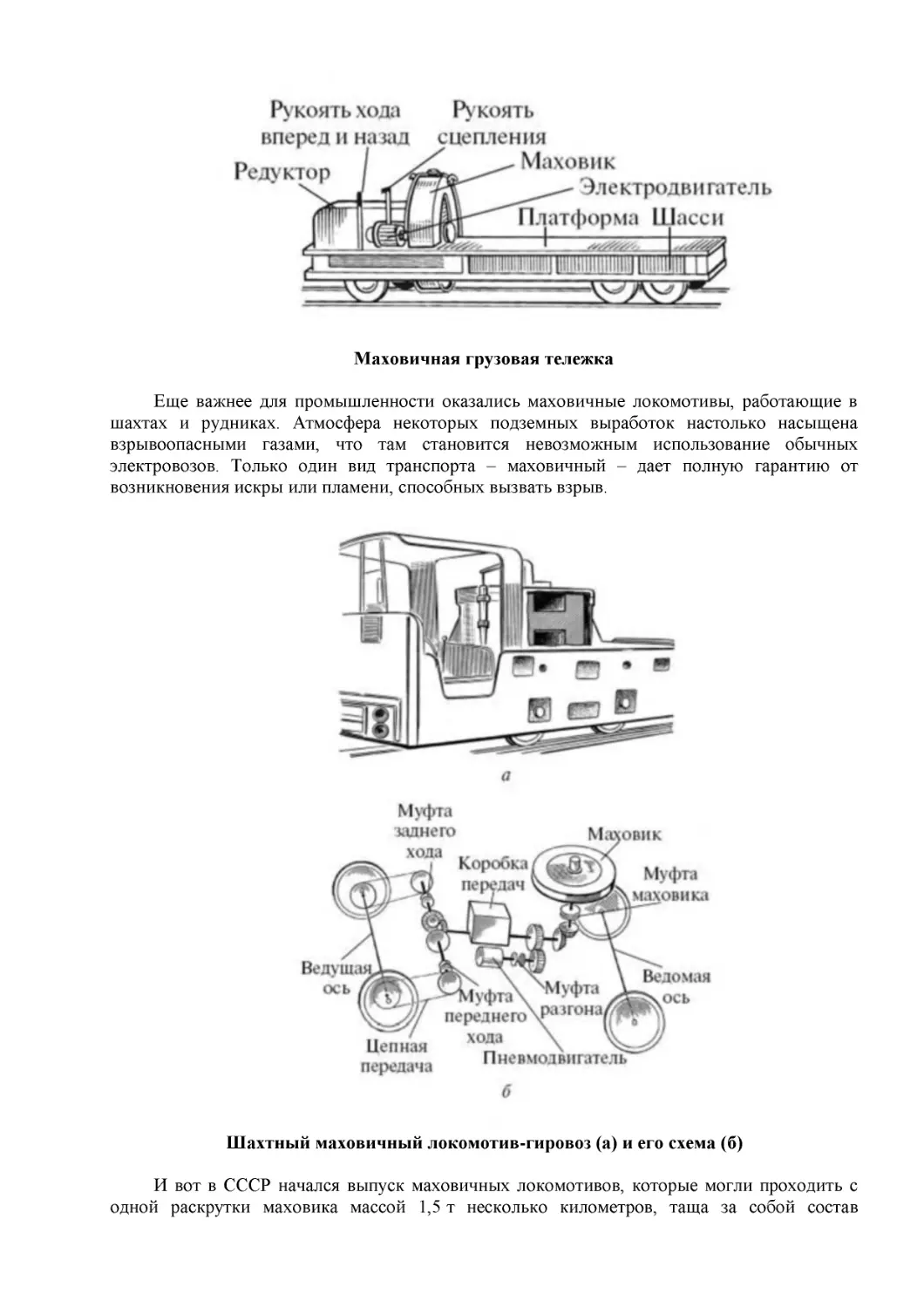Маховичная грузовая тележка
Шахтный маховичный локомотив-гировоз (а) и его схема (б)