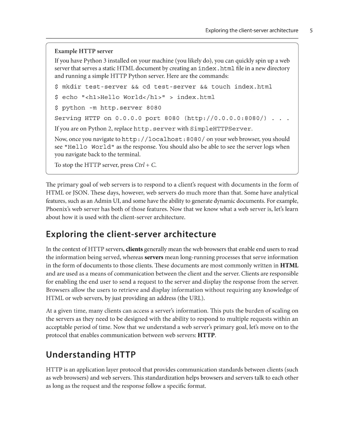 Exploring the client-server architecture
Understanding HTTP